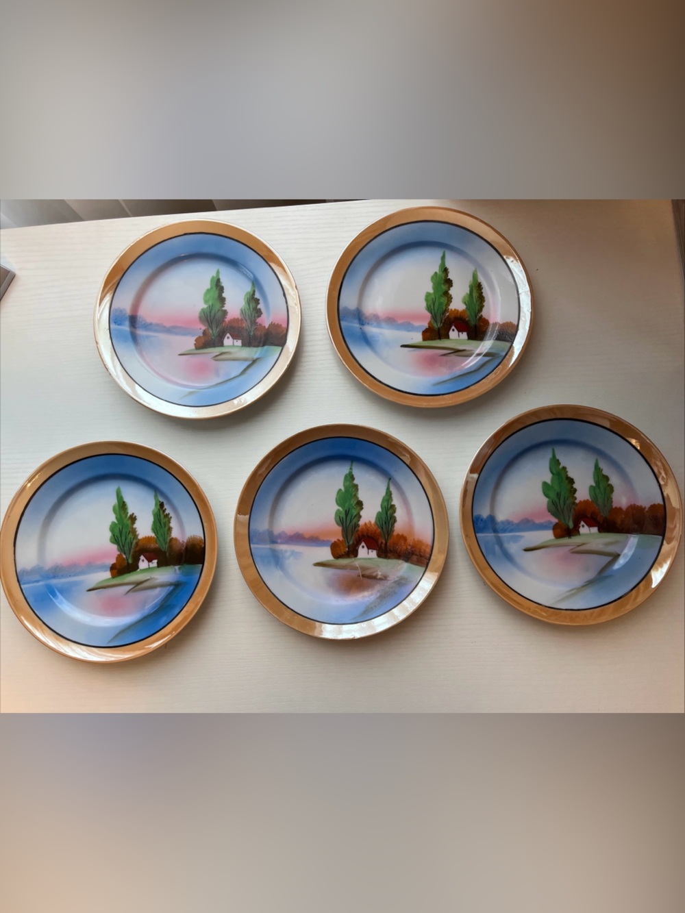 5 Trico Nagoya Japan Lusterware Plates Hand Paint Sunset Cottage Landscape 1930s